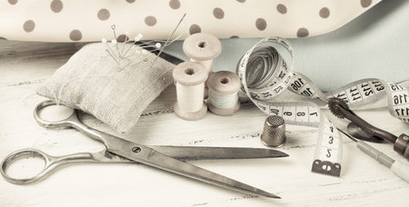 Set of reel of thread, scissors, fabric and pins for sewing and needlework in Shabby Chic style. For...
