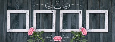 Banner with set of photo frames, pink roses and ornament on background of shabby wooden planks. Copy...