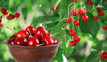 Sweet cherry in clay bowl in garden