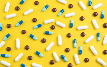 Medical theme. Pharmaceutical colorful pills and capsules on yellow background. Top view. Flat...