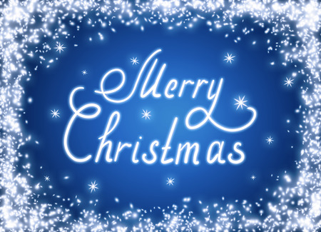 Christmas glowing background with snow frame and snowflakes. New Year winter holidays concept. Calligraphic text written by hand.   の写真素材