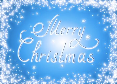 Christmas glowing background with snow frame and snowflakes. New Year winter holidays concept. Calligraphic text written by hand.   の写真素材