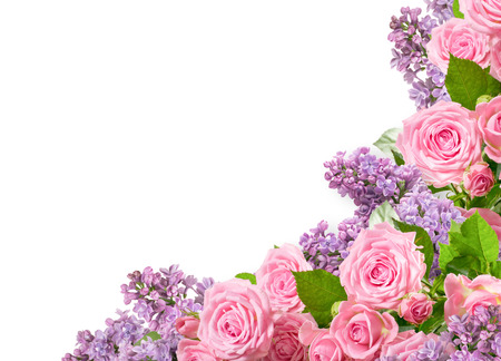 Corner ornament of  pink roses and lilac isolated on white background with place for your photo or textの写真素材