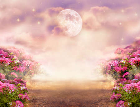 Fantasy photo background with rose field, dramatic sky with moon and stars, misty path leading across hills to mysterious glow. Tranquil evening scene. Photo of moon is taken by me with my camera.の写真素材