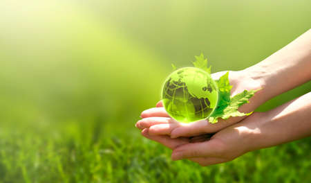 Earth crystal glass globe ball and maple leaf in human hand on grass background. Saving environment, save clean green planet, ecology concept. Card for World Earth Day.の写真素材