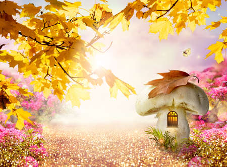 Enchanted fairy tale forest with magical window in fantasy large mushroom gnome house, autumn maple tree, rose flower garden, flying magic butterfly, road path with luminous solar reflection sparklesの写真素材