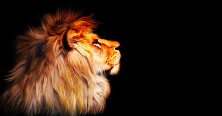 African lion profile portrait isolated on black background, spectacular dramatic king of animals,...