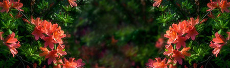 Mysterious spring floral banner with blooming red rhododendron flowers on blurred green backgroundの写真素材
