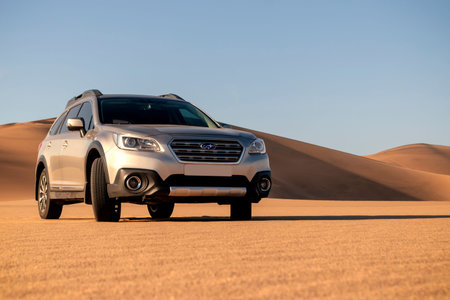 Subaru Outback standing in the middle of the Namib desert 27.06.2021. Walvis Bay, Namibia