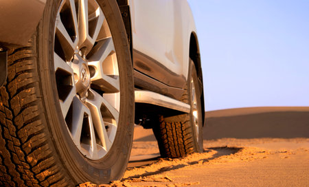 Toyota Land Cruiser Prado standing in the middle of the desert 07.07.2021. Walvis Bay, Namibia....