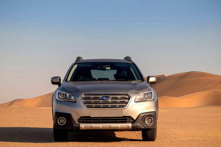 Subaru Outback standing in the middle of the Namib desert 21.07.2021. Walvis Bay, Namibia.