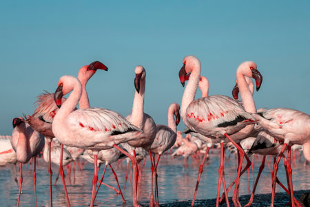 African wild birds. A flock of pink flamingos on the blue lagoon against the bright skyの写真素材