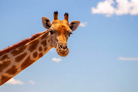 Wild african life. A large common South African giraffe on the summer blue sky. Namibiaの写真素材