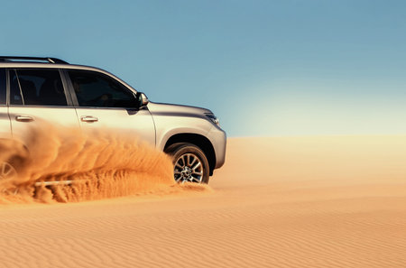 Close-up of an off-road vehicle stuck in deep sand in the Namib Desert, Namibia. Captures real...
