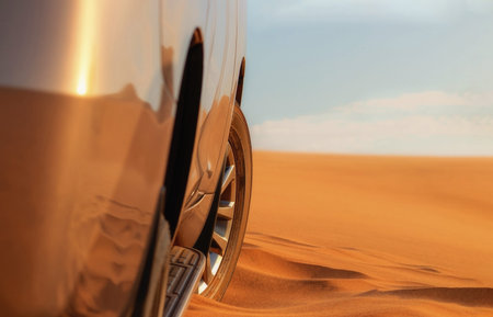 Detailed view of a car stuck in thick desert sand, emphasizing power, resistance, and the harsh...