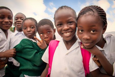 Happy black African kids in school uniforms smiling and enjoying a break. A positive image of youth, education, diversity, and community spirit.の写真素材