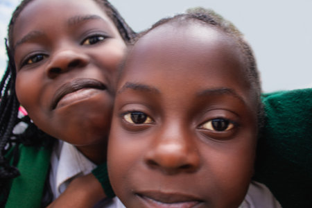Premium close-up of happy African schoolchildren in uniforms, laughing together outdoors. A powerful and uplifting image capturing real joy, childhood, and cultural connection.の写真素材