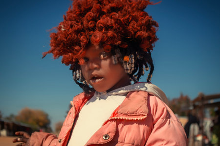 Young African girl wearing a vibrant orange wig and a pink jacket, captured in natural light. A...