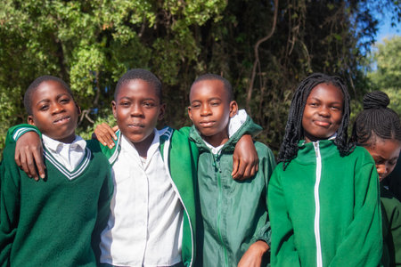 Real photo of happy black African kids in school uniforms, smiling and enjoying a break. A positive image of youth, education, diversity, and community spirit.の写真素材