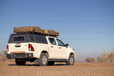 Powerful white SUV parked on sunlit desert sands, highlighting durability and the spirit of exploration. Ideal for themes of travel, off-road vehicles, and outdoor photography.の写真素材