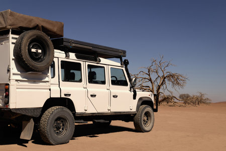 Powerful white SUV parked on sunlit desert sands, highlighting durability and the spirit of exploration. Ideal for themes of travel, off-road vehicles, and outdoor photography.の写真素材