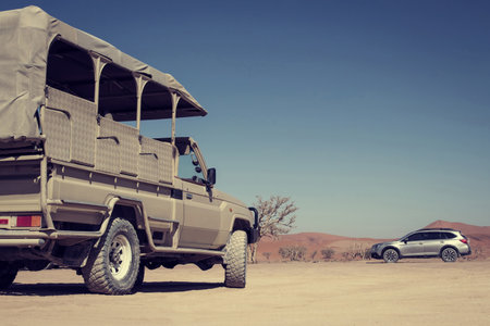 Brown SUV parked on sunlit desert terrain, capturing the bold spirit of off-road travel through the wild landscapes of Africa. Ideal for adventure and exploration concepts.の写真素材
