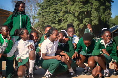 Real photo of happy black African kids in school uniforms, smiling and enjoying a break. A positive image of youth, education, diversity, and community spirit.の写真素材