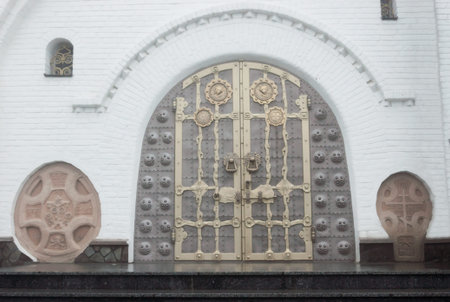 Closed The entrance door to male monastery in the morningの写真素材