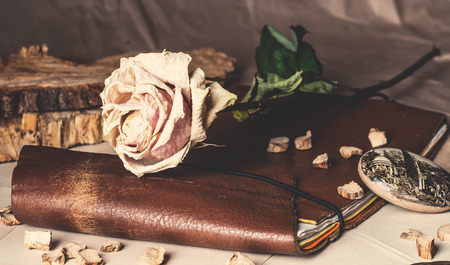 old leather notebook and a dry rose on the tableの写真素材