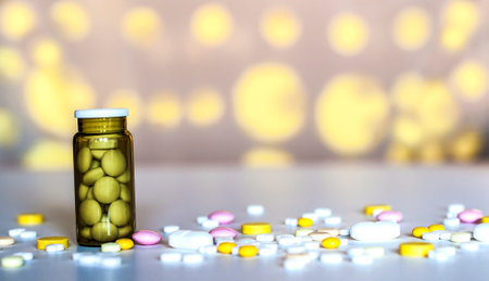 Brown plastic medical container with pills on a yellow background