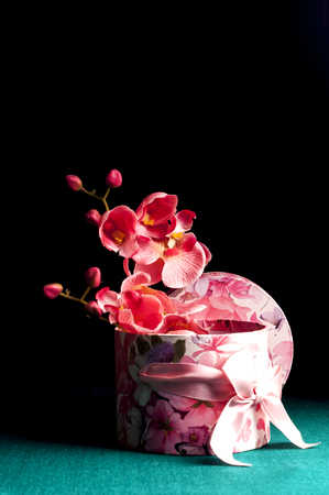 Decorative gift box with orchids on a dark green backgroundの写真素材
