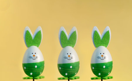 decorative easter decorations on a stick, on a yellow background
