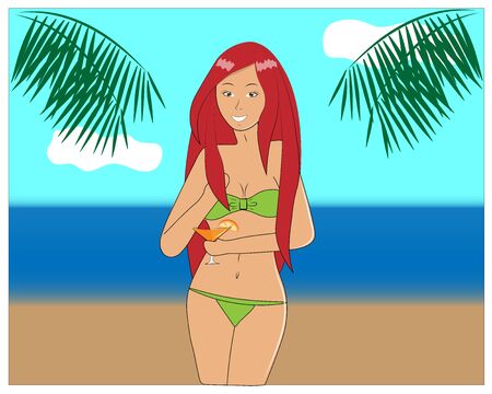 young girl on the beachのイラスト素材