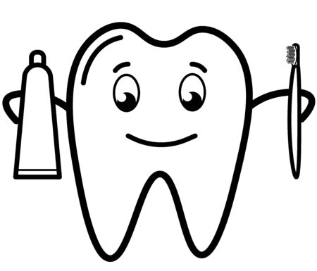 cartoon tooth with toothpaste and brushのイラスト素材