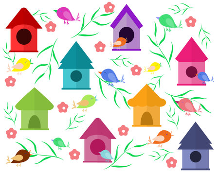 birds near different birdhouses patternのイラスト素材