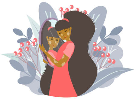 girl with vitiligo hugs the mirrorのイラスト素材