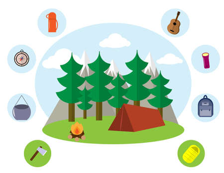 forest camping survival gear setのイラスト素材