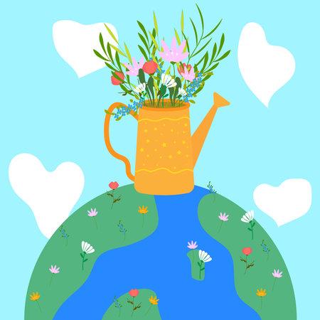 Vector illustration of a watering can with a bouquet of flowers on the earth.のイラスト素材