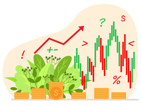 Investment growth concept. Vector illustration in flat cartoon style. Growing graph with coins and plants.のイラスト素材