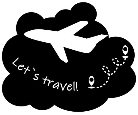 Airplane in the clouds with inscription Let's travel. Vector illustrationのイラスト素材