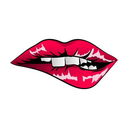Big red lips track on white background. Sexy biting lips. Red mouth with white teeth isolated on white. Female beautiful lips with red lipstick. Vector illustration of sensual lips and ideal teethのイラスト素材