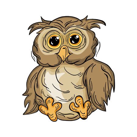 Cute cartoon owl.Bird knowledge. Hand drawn illustration for t-shirt print design, book, greeting card. Child character. Funny owlet in shock Owl decorated in bright colors.のイラスト素材