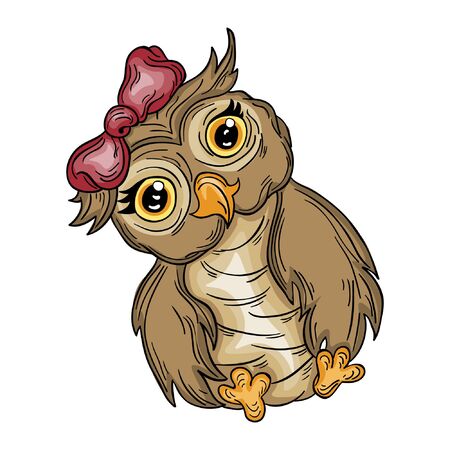 Cute Cartoon owl girl with a bow. Bird knowledge. Hand drawn illustration for t-shirt print design, book, greeting card. Child character. Funny owlet. Owl decorated in bright colors.のイラスト素材