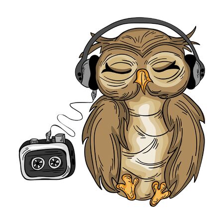 Cute Cartoon Owl with tape recorder. Vector illustration. Bird knowledge with music. Owlet listens to songs. Hand drawn illustration for t-shirt print design, book, greeting card. Isolated on whiteのイラスト素材