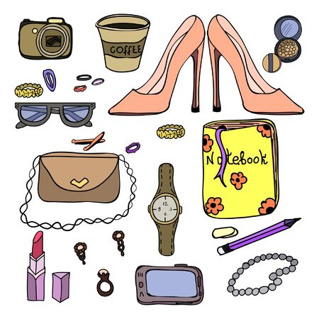 Set of female cosmetics and accessories. Each premen is drawn separately and can be moved. A set of items for a stylish girl. Vector.のイラスト素材