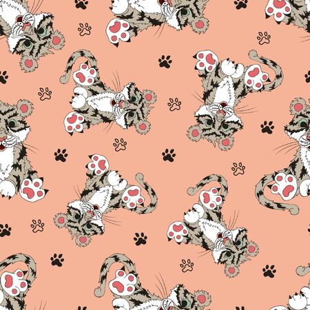Animals, seamless pattern with a tiger and paws. The drawing in the style of hand drawn. Patern color. Positive character. Children drawing for girls, pink.のイラスト素材