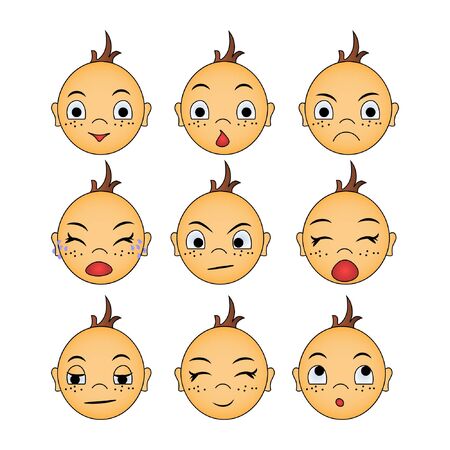 Set of face a child expressing different emotions: laughter, joy, tears, surprise, yawning, crying, sleeping. Funny cartoon, vector character. Can be used as emoji. Face isolated on white background.のイラスト素材