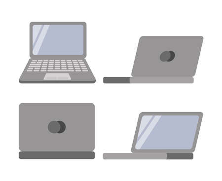 Vector isolated laptop ready to work. Set of laptops. Side, top view. Vector collection Mockups generic device. Template notebook for presentation.のイラスト素材