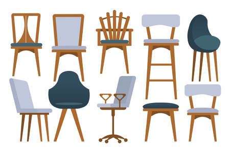 Illustration set of different chairs for home and office. Isolated on white background. Vector illustrationのイラスト素材