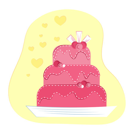 cake on a yellow background with hearts. concept for the holiday. birthday, valentine's day, 8 march. Colorful vector illustration for greetings, postcard, cards.のイラスト素材
